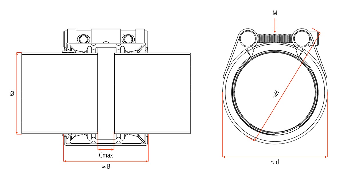 Leschhorn CG-108-115-95-EHT-A4 axiale zugfeste Combi Grip Verbindung von KT / ST, Spannbereich 108-115 mm Breite 95 mm 1 Verschluss, Druckstufe PN 16, Gehäuse A4 (316/1.4571) EPDM-HT Dichtung -30°C bis +125°C - LE Combi Grip Kunststoff- auf Metallrohre - Technische Zeichnung