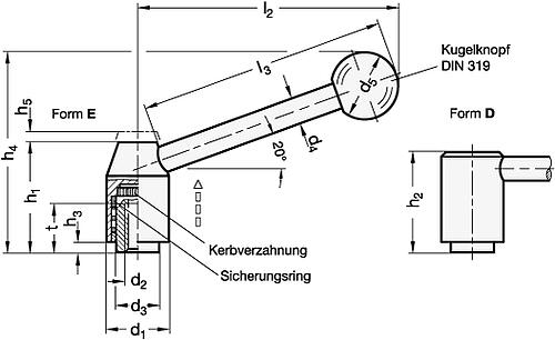 Ganter 212.3-33-M12-D VERSTELLB.SPANNHEBEL, GERADE - GN 212-3 Verstellbare Spannhebel - Innengewinde - Stahl-Skizze