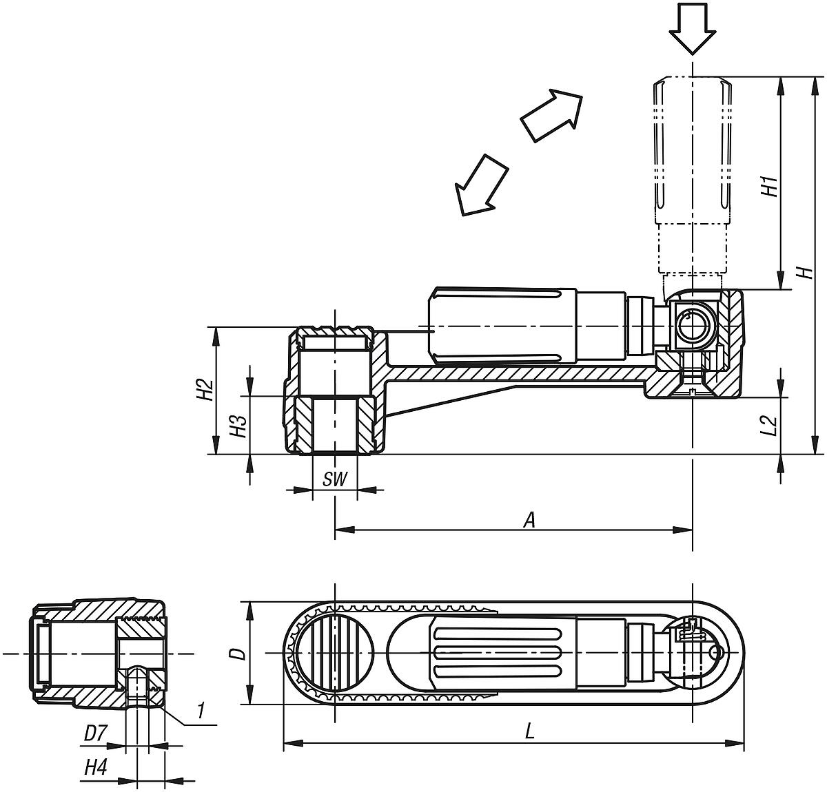 Norelem 06502-2108 NOVO.GRIP HANDKURBEL M.SICHERHEITSZYL., GRIFF, A=80, SW=8 - NLM 06502-IV Handkurbeln mit Sicherheits Zylindergriff - mit Innenvierkant - Massblatt