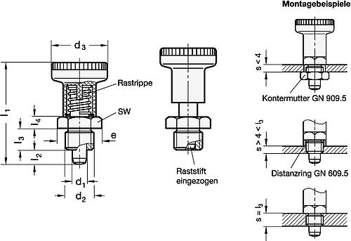 Ganter 607.1-6-A-NI EDELSTAHL RASTBOLZEN, MIT RASTSPERRE - GN 607-1 Rastbolzen - Edelstahl - Kunststoff Knopf-Skizze