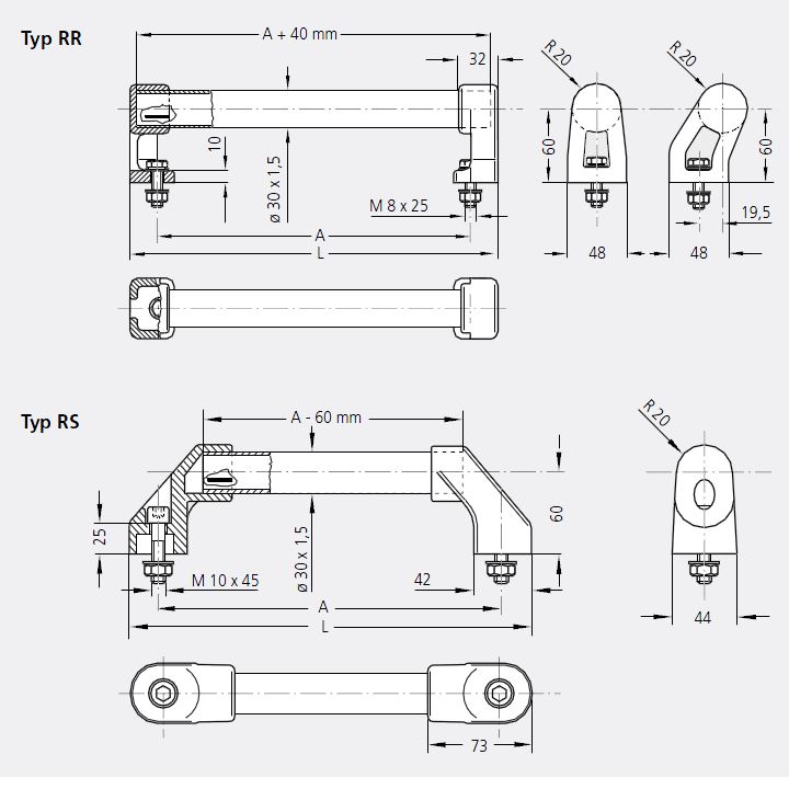 Leschhorn RR-30.250.37    Maschinen-, Anlagenbaugriffe mit geraden Schenkel A 250,   Schenkel schwarz, Rohr Edelstahl    Griff aus Einzelelementen, komplett montiert - Leschhorn RR RS variable Rohrgriffserien