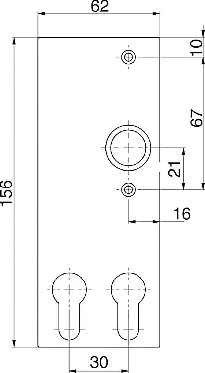 AMF 497DZ Doppelzylinder-Kurzschild, Abmessung: 62 x 156 x 7 mm, Bohrung für Drückerbetätigung: Ja - LE 497DZ Doppelzylinder-Kurzschild -Skizze
