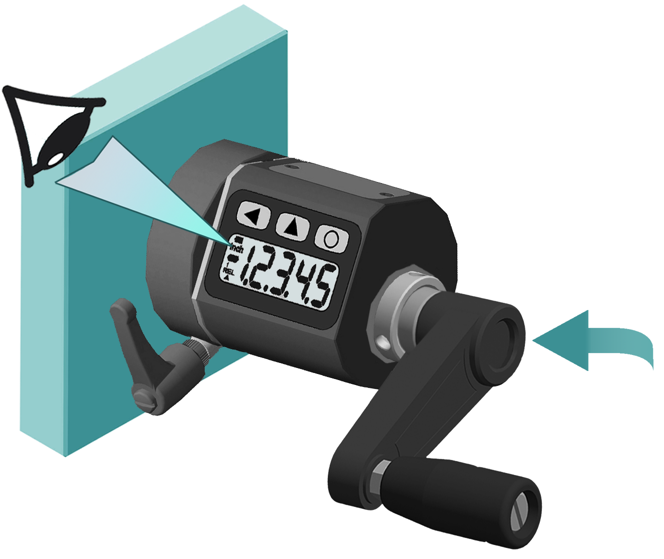 Fiama EP9L-A-F20 Elektronische Positionsanzeige, programmierbar, digital und präzise,  A: Horizontaler Antrieb, rechte Montage, Hohlwelle 20mm Gehäuse Aluminium, schwarz eloxiert, batteriebetrieben - Fiama EP9L Elektronische Positionsanzeige, programmierbar, digital und praezise_Montageposition A