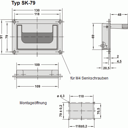 Leschhorn SK-79.S118.84 Schalenklappgriffe Schnapprastung A 118,  Polyamid schwarz - Leschhorn SK Schalenklappgriffe Kunststoff - Zeichnung Typ SK-79
