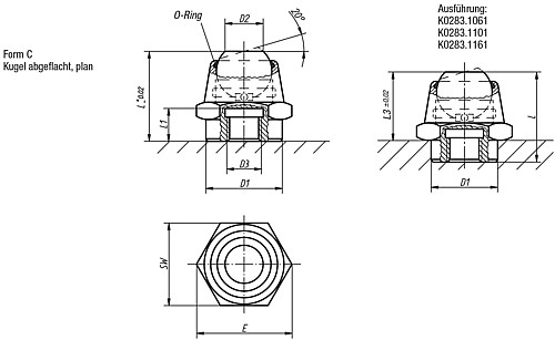 Kipp K0283.106 PENDELAUFLAGE FORM C  M6, D1=16 - KIPP K0283-C Pendelauflagen - Neigungswinkel 20 Grad - Form C