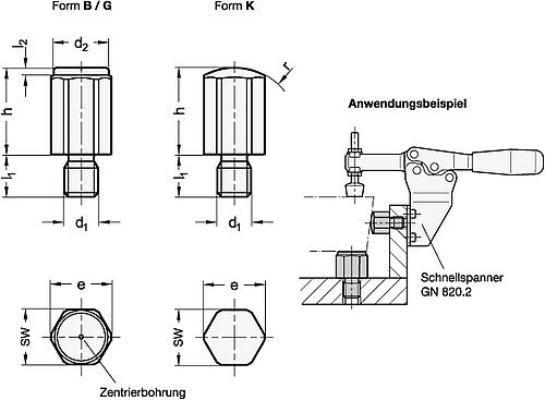 Ganter 408.1-ST-10-M6-B Positionier  und Auflageelemente mit Gewindezapfen - GN 408-1 Positionier und Auflageelemente mit Gewindezapfen-Abbildung