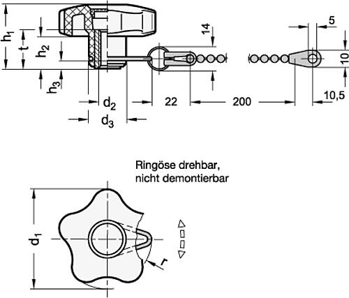 Ganter 5337.13-50-M10-E-P Sterngriffe, Kunststoff, mit Verliersicherung - GN 5337-13 Sterngriffe - Kunststoff - mit Verliersicherung-Skizze