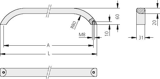 Leschhorn BG-30.450.11  Oval-Profilaluminium Bogengriffe 30 mm, A 450,  natur eloxiert - LE70054 BG-30 Oval-Profilaluminium Bogengriffe - Technische Zeichnung