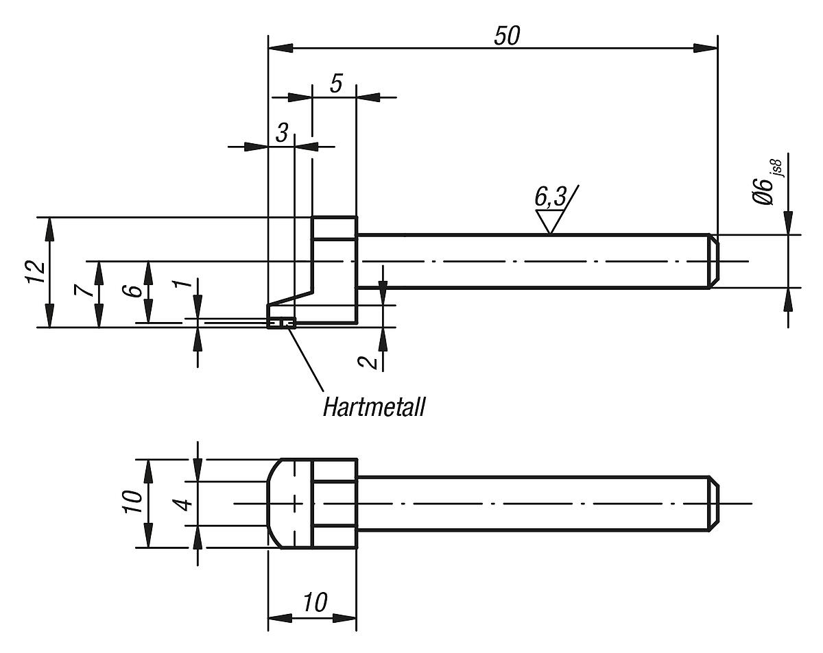 Norelem 33035-06050 TASTBOLZEN FÜR FESTANSCHLAG, FLACH, ABGESETZT - NLM 33035 Tastbolzen fuer Festanschlag flach abgesetzt - Massblatt