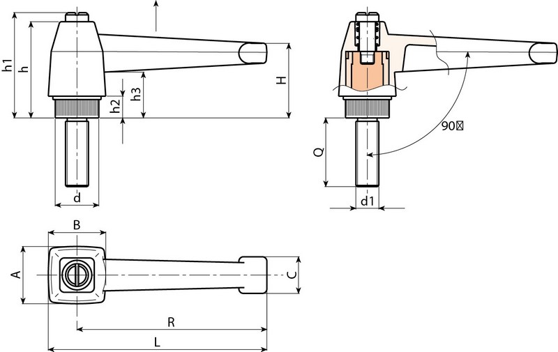 Leschhorn A573 verstellbare Klemmhebel  R 83; Innengewinde M8x30; schwarz - Boteco A573 Starre Klemmhebel