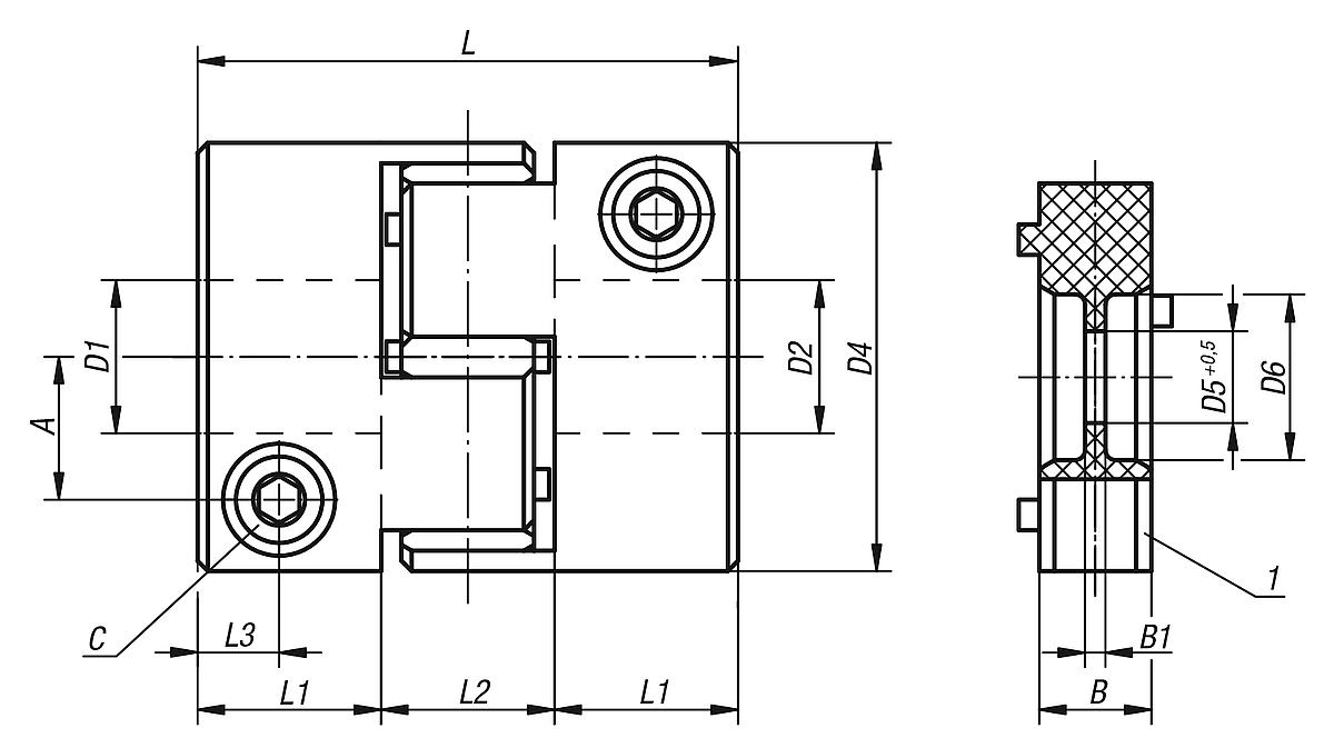 Norelem 23022-015 ELASTOMER KLAUENKUPPLUNG, GR. 15, VORGEBOHRT D1+D2=7 - NLM 23022 drehelastische Klauen- Wellenkupplungen mit radialer Klemmnabe - Massblatt
