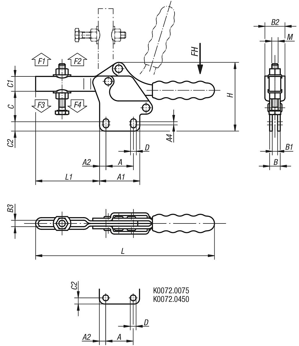 Kipp K0072.0450 SCHNELLSPANNER HORIZONTAL, MIT SENKRECHTEM FUSS, P=450 daN - K0072 Schnellspanner horizontal mit senkrechtem Fuss und verstellbarer Andruckspindel -Massblatt