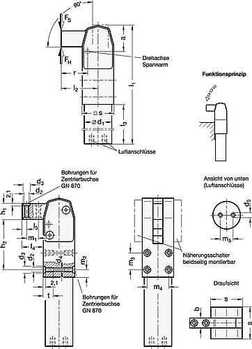 Ganter 864-20-BL-NC Kraftspanner, pneumatisch, chemisch vernickelt - GN 864 Kraftspanner - pneumatisch-Skizze