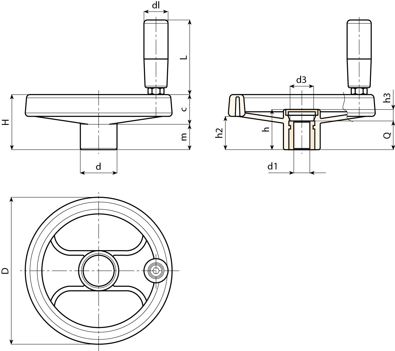 Leschhorn D209 Speichenhandräder D 80; d 24,5; Bohrung d1 10; Kunststoff PA, schwarz - Boteco D209 Speichenhandraeder - Griff ungleich Abbildung
