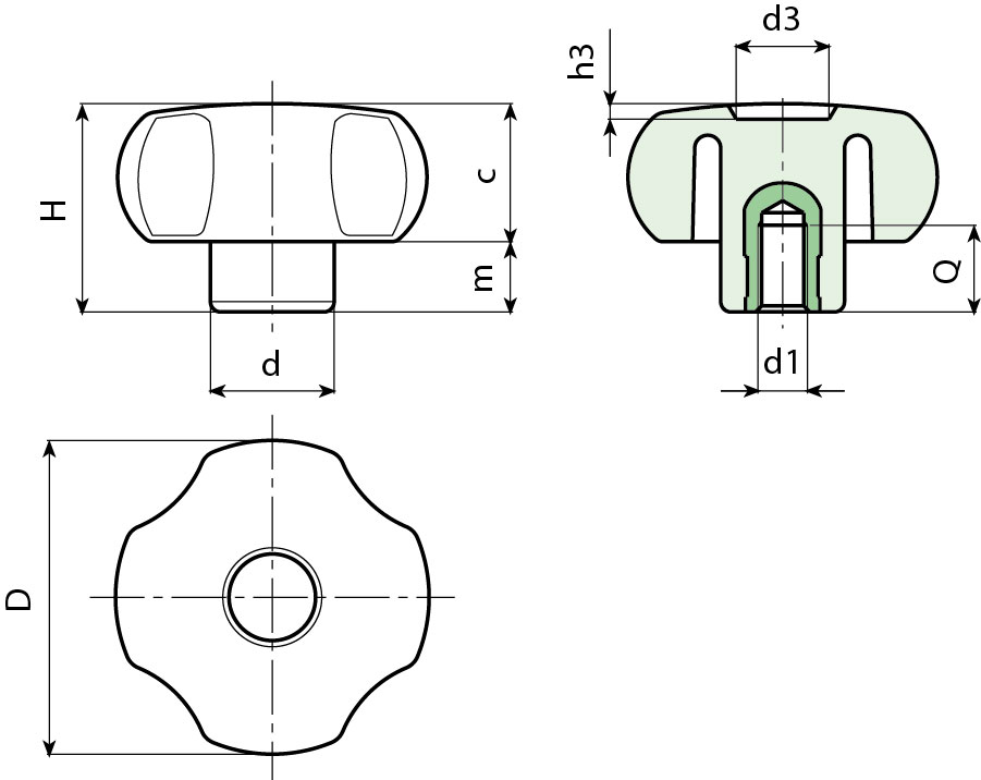 Leschhorn G730 Kreuzgriffe  D 52; d 20,5; Gewinde d1 M12; Kunststoff PA, schwarz - Boteco G730 Kreuzgriffe