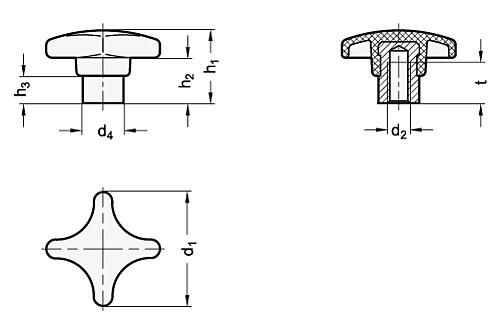 Ganter 6335.2-32-M6-E-NI KREUZGRIFF MIT EDELSTAHL BUCHSE, THERMOPLAST - GN 6335-2 Kreuzgriffe - Thermoplast - mit vorstehender Edelstahl Buchse-Skizze