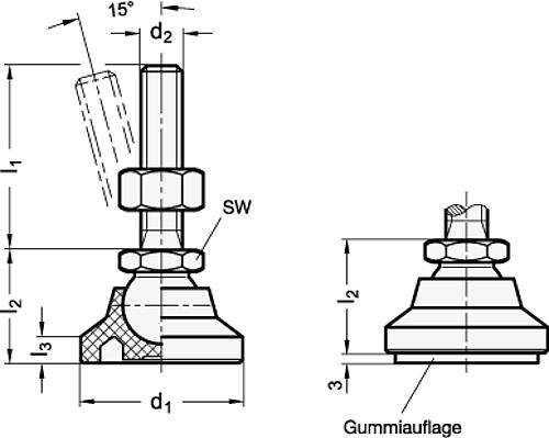 Ganter 343.8-25-M10-50-A Gelenkfüße, Fuß Kunststoff / Verstellspindel Edelstahl - GN 343-8 Gelenkfuesse - Fuss Kunststoff - Verstellspindel Edelstahl-Skizze