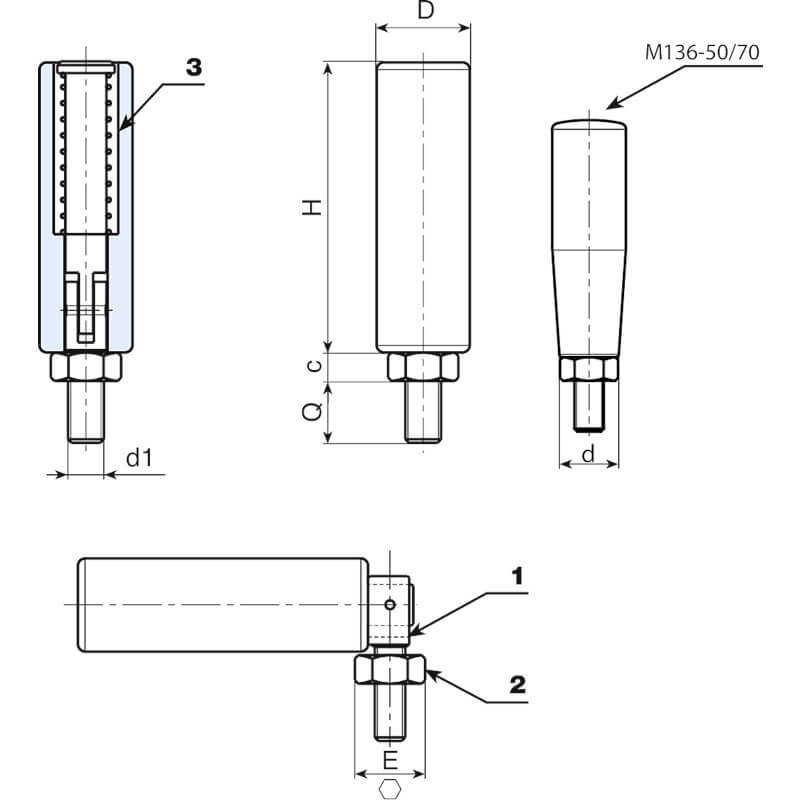 Leschhorn M136 Umleggriffe  H 49; d 15; Gewinde d1 M6; Kunststoff PA, schwarz - LE M136 Drehbare Umleggriffe - Gewindestift Stahl-EcoLine-Massblatt
