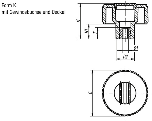 Kipp K0260.2105 NOVO.GRIP RÄNDELRAD  GR.1  FORM K, D=40  M5, DECKEL SCHWARZGRAU - KIPP K0260-K Raendelraeder mit Innengewinde - Form K