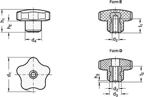 Ganter 5337-32-M6-E ELESA STERNGRIFF - GN 5337 Sterngriffe - Duroplast - mit Messing Buchse-Skizze