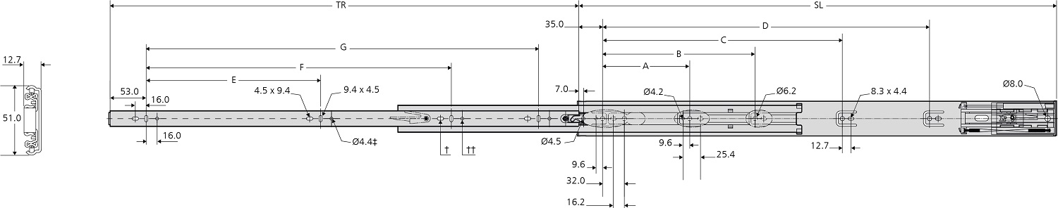 Accuride DZ3932-0030EC Teleskopschienen 100 % Vollauszug, 12,7x51,7 SL 300, TR 275, 68kg, hell verzinkt - Accuride-3932EC-Teleskopschienen-easy-close-Skizze