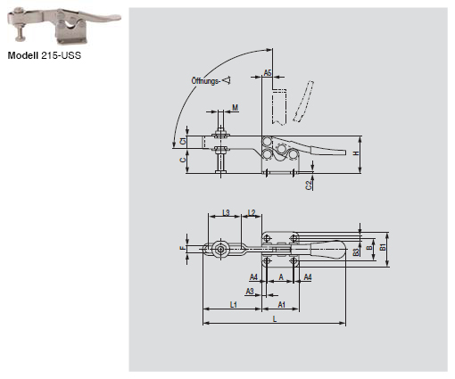 DESTACO 215-USS Horizontalspanner Öffnungswinkel 90° - 215-USS Horizontalspanner - U- Spannarm - Fuss abgewinkelt - Edelstahlausfuehrung