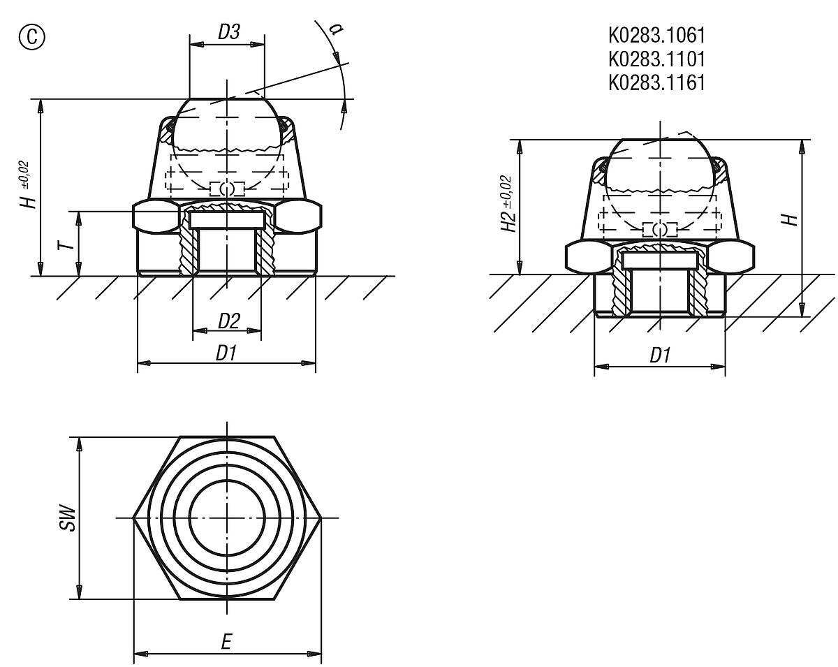 Kipp K0283.1161 PENDELAUFLAGE FORM C  M16, D1=26 - K0283-C Pendelauflagen - Neigungswinkel 20 Grad - Form C - Massblatt