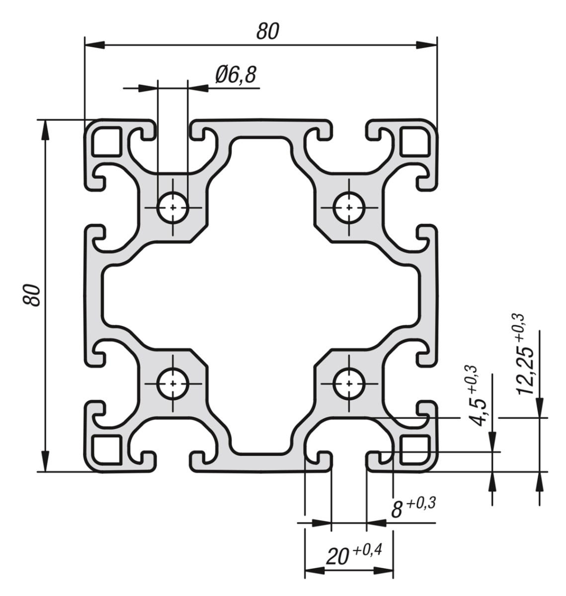 Norelem 10045-088080X1000 ALUMINIUMPROFIL LEICHT 1000X80X80, TYP I - NLM 10045 Aluminiumprofile 80x80 leicht Typ I-Skizze