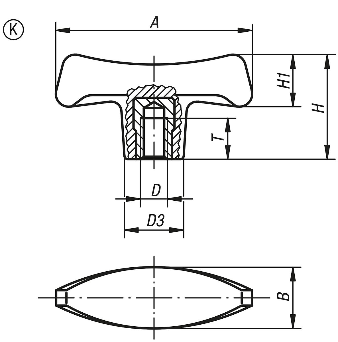 Norelem 06650-17006 T GRIFF  A=70  M6 - NLM 06650-IG T Griffe - Innengewinde - Massblatt