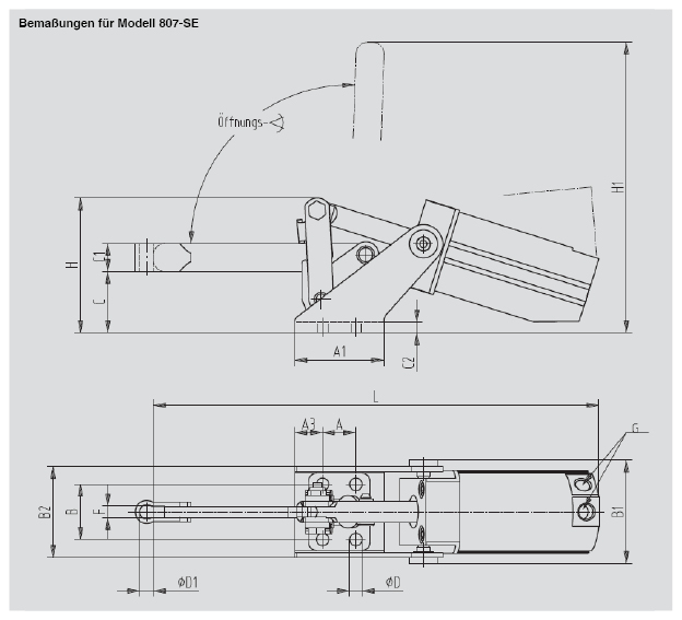 DESTACO 807-SE Standard Kraftspanner Haltekraft 2220 N; horizontaler Zylinder  Massiver-Spannarm (Sensor 8EA-109-1 separat bestellen) - DESTACO 807-SE Standard Kraftspanner - TZ