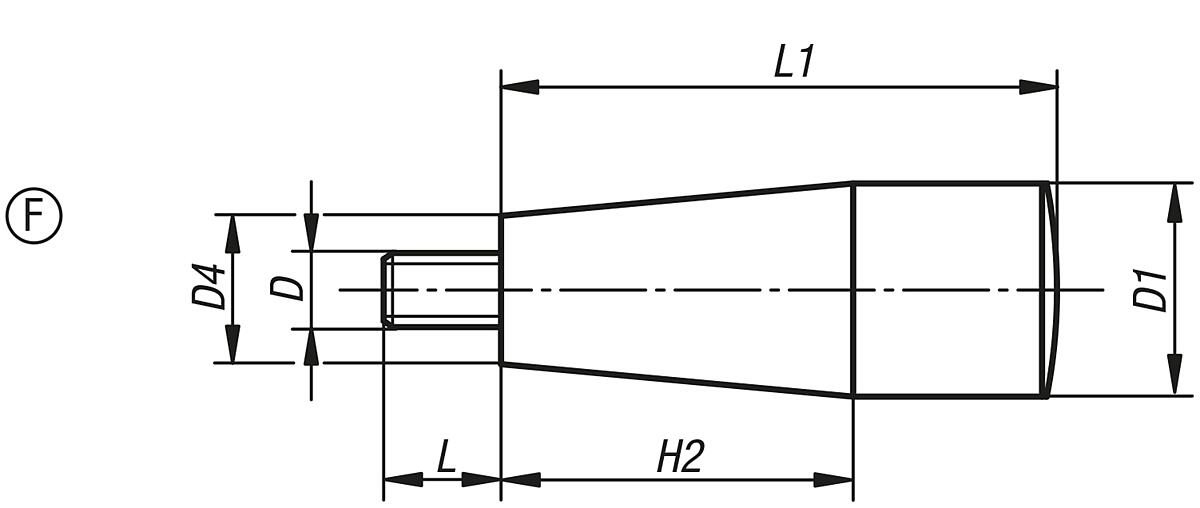 Kipp K0172.310 KONUSGRIFF FESTSTEHEND GR.3 M10X20, D1=29, FORM:F, DUROPLAST SCHWARZ, HOCHGLANZPOLIERT - K0172-F Konusgriffe mit Aussengewinde Form F - Massblatt
