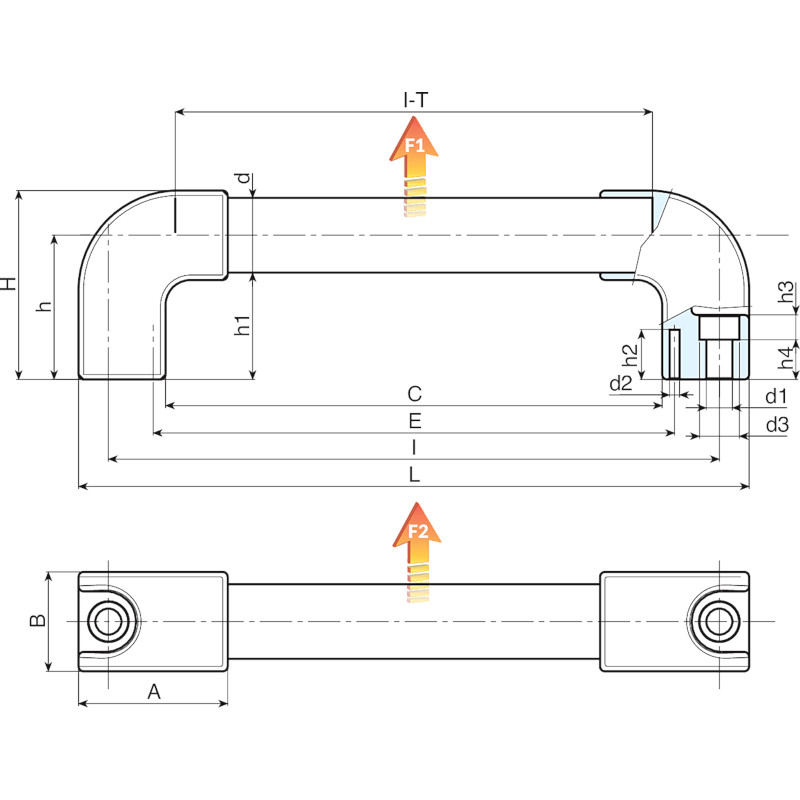 Leschhorn B320 Rohrgriffe  l 200; L 220; d 20; Bohrung d1 8,5 - LE B320 Rohrgriffe - Aluminiumrohr - Endstuecke Kunststoff-EcoLine-Massblatt