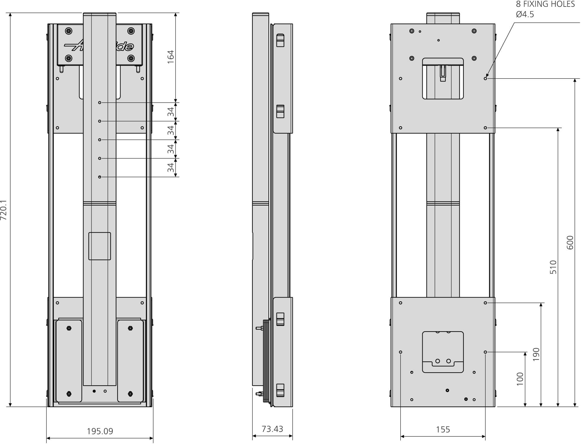 Accuride 23090221 Neigbare VESA-Halterung min-Gewicht 2,5kg bis max. Gewicht 6,5kg, inkl. Befestigungsteile. - Technische Zeichnung
