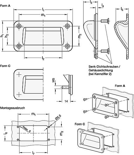 Ganter 7330-127-A-1-SR Griffschalen, Zink Druckguss, zum Anschrauben - GN 7330 Griffschalen - Zink Druckguss - zum Anschrauben-Skizze
