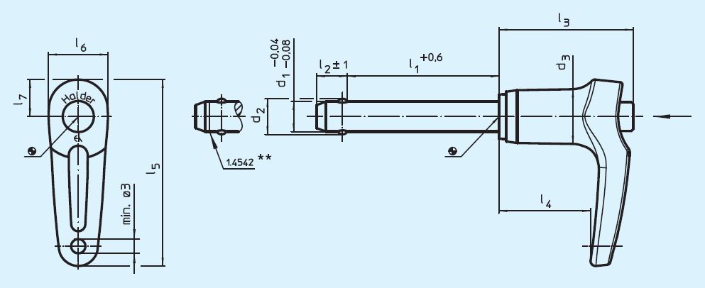 Halder 22340.0127 Kugelsperrbolzen selbstsichernd  mit L-Griff Ø 6 x 35, rostfreier Stahl 1.4305 - EH 22340 EH 22350 Kugelsperrbolzen selbstsichernd mit L-Griff