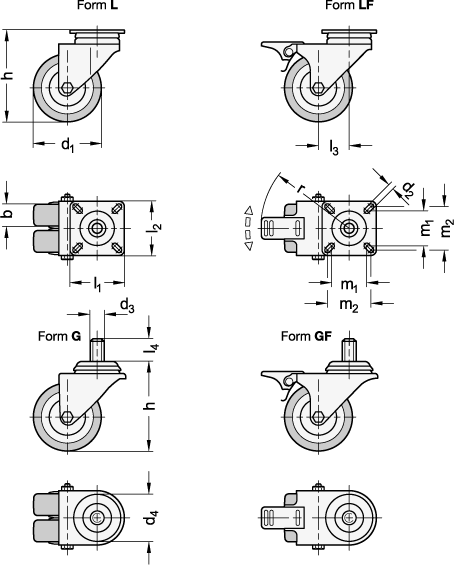 Ganter 22870-50-G-G-D-ST  Apparaterollen, Laufbelag Gummi, Radkörper Polypropylen, Doppelrollen Ausführung, Werkstoff (Gehäuse): ST - Stahlblech, verzinkt, Raddurchmesser d1: 50, Lagerart: G - Gleitlager - GN 22870 Apparaterollen-Laufbelag Gummi-Radkoerper Polypropylen-Doppelrollen Ausfuehrung-Massblatt