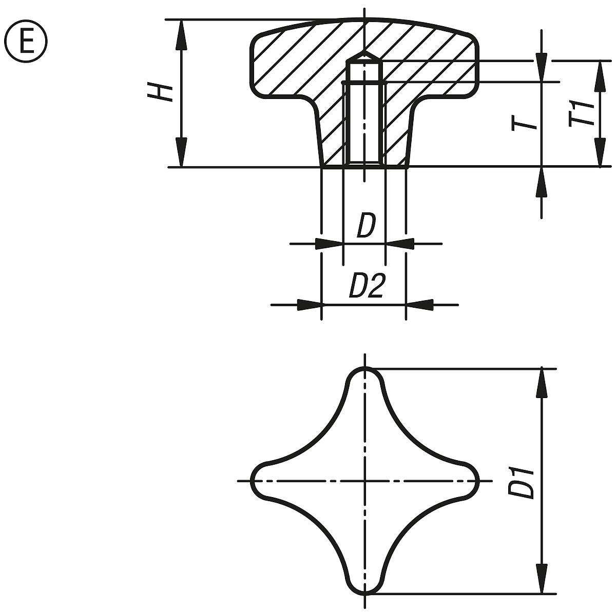 Kipp K0145.5080162 KREUZGRIFF FORM E, D1=80, D5=M16, ALU, POLIERT - K0145-E Kreuzgriffe aehnlich DIN 6335 aus Aluminium - Form E - Massblatt
