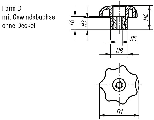 Norelem 06212-505 STERNGRIFF D1=25  M5          EDELSTAHL, FORM D - Norelem 06212-D Sterngriffe aehnlich DIN 6336 Stahlteile Edelstahl - Innengewinde - Form D