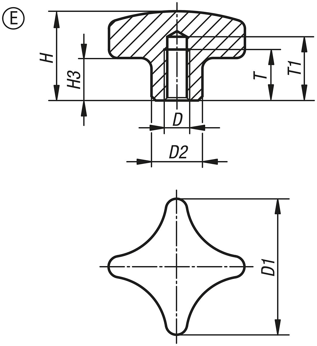 Kipp K0146.5032062 KREUZGRIFF EDELSTAHL, FORM E, D1=32, D5=M6 - K0146-E Kreuzgriffe aehnlich DIN 6335 Edelstahl - Form E - Massblatt