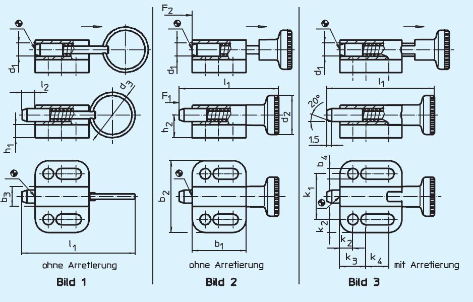 Halder 22110.0345 Rastbolzen mit Anschraubflansch horizontal Ø 5 mit Knopf und Arretierung - EH 22110 Rastbolzen Miniraster mit Anschraubflansch - horizontal