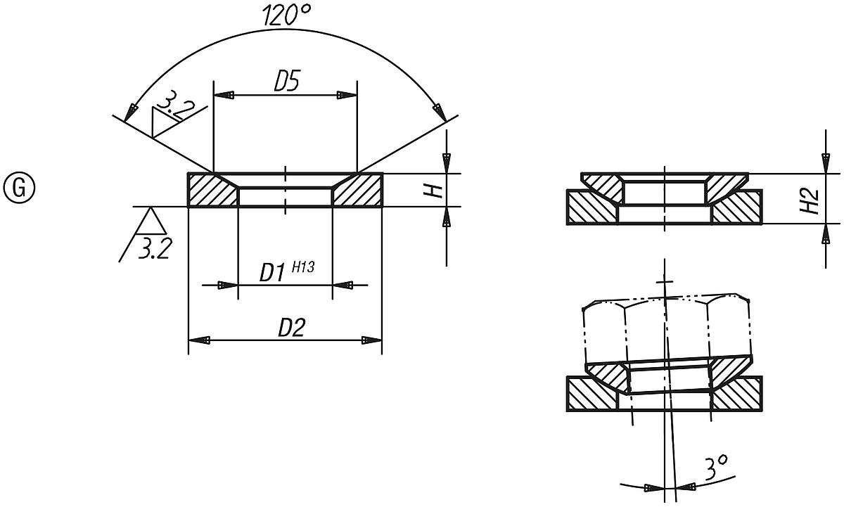 DIN 6319  07420-324 KEGELPFANNE DIN 6319, FORM G, D2=28 - DIN 6319 Kegelpfannen Form D und G - Ausgabe 10-01 - Massblatt