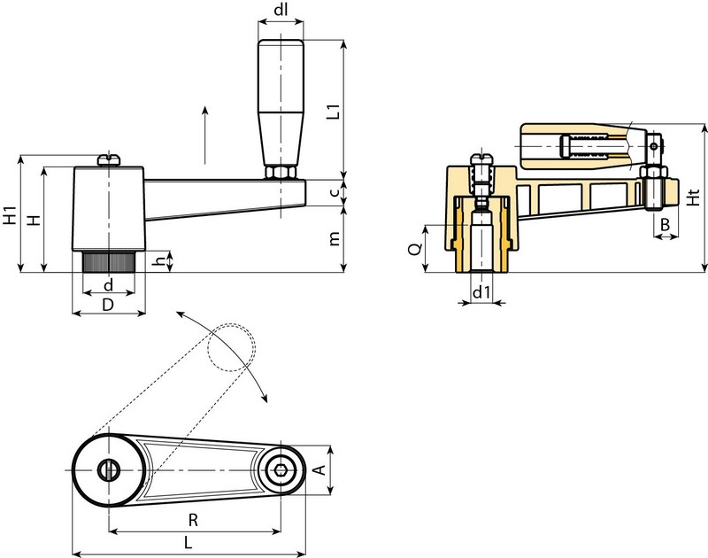 Leschhorn E521 Handkurbeln mit Umleggriff  L 108; R 80; Bohrung d1 D10; Kunststoff PA, schwarz, Gewindebuchse Messing - Boteco E521 Handkurbeln mit Umleggriff