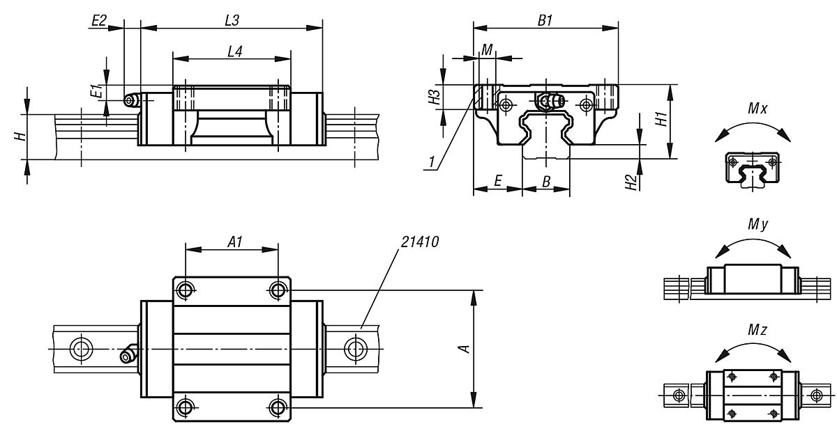 Norelem 21402-25108801 FÜHRUNGSWAGEN MIT FLANSCH GR.25 L3=88, B1=70 VERGÜTUNGSSTAHL, STANDARD, KOMP:WÄLZLAGERSTAHL - NLM 21402 Fuehrungswagen  mit Flansch - Massblatt