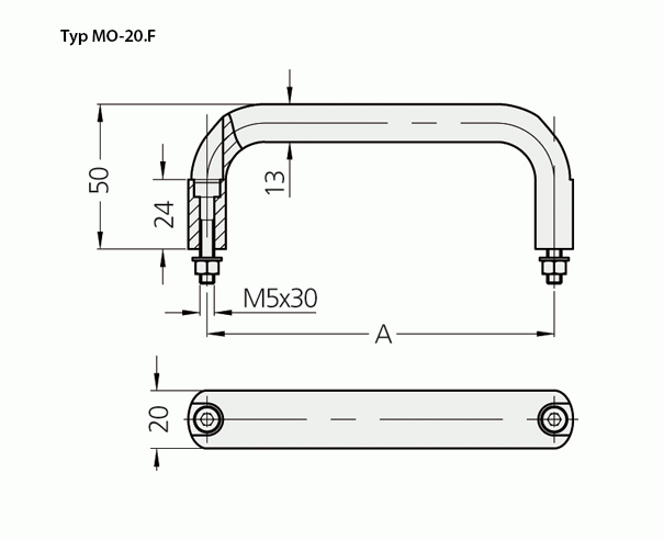 Leschhorn MO-26.F128.11 Gerätegriffe, Oval Aluminium,  26 mm frontseitige Befestigung A 128,  natur eloxiert halbglänzend - Leschhorn MO Maschinen- und Geraetegriffe - Zeichnung-Typ MO-26-F
