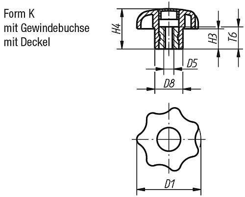 Kipp K0154.205 STERNGRIFF D1=25  M5          EDELSTAHL, FORM K, DECKEL SCHWARZ - KIPP K0154-K Sterngriffe aehnlich DIN 6336 Stahltei