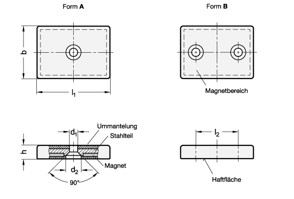 Ganter 57.4-45-110-A-WS  Haltemagnete, Neodym-Eisen-Bor, mit Senkbohrung, mit Gummiummantelung, Breite b: 45, Länge l1: 110, Form: A - mit 1 Senkbohrung - GN 57-4 Haltemagnete - Neodym-Eisen-Bor - mit Senkbohrung - mit Gummiummantelung - Massblatt