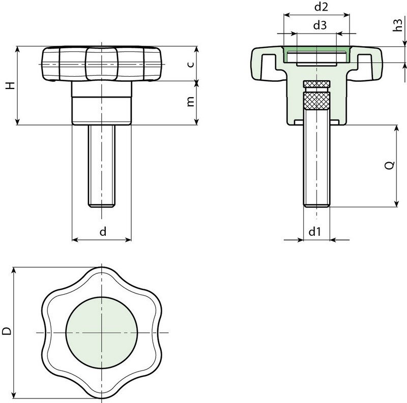 Leschhorn G651 Sterngriffschrauben  D 40; d 18; Gewinde d1 M6; Kunststoff PA, schwarz - LE G651 Sterngriffschrauben-EcoLine-Massblatt