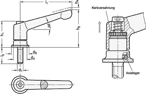 Ganter 300.4-108-M12-34-CR Verstellbare Klemmhebel mit Spannkraft Verstärkung, Schraube Stahl - GN 300-4 Verstellbare Klemmhebel mit Spannkraft Verstaerkung - Schraube Stahl-Skizze
