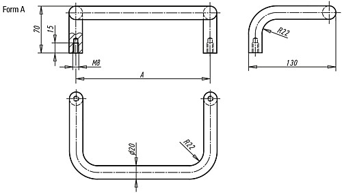 Norelem 06946-200081 MASCHINENGRIFF FORM A, A=200, MATT VERCHROMT - Norelem 06946-A Maschinengriffe - Form A