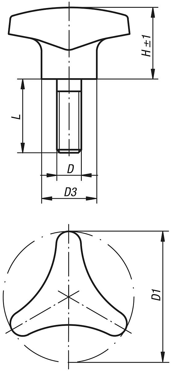 Norelem 06702-26210X30 DREISTERNGRIFF MIT HOHEM BUND EDELSTAHL, D=62  M10X30 - NLM 06702-AG Dreisterngriffe mit hohem Bund - Aussengewinde - Massblatt
